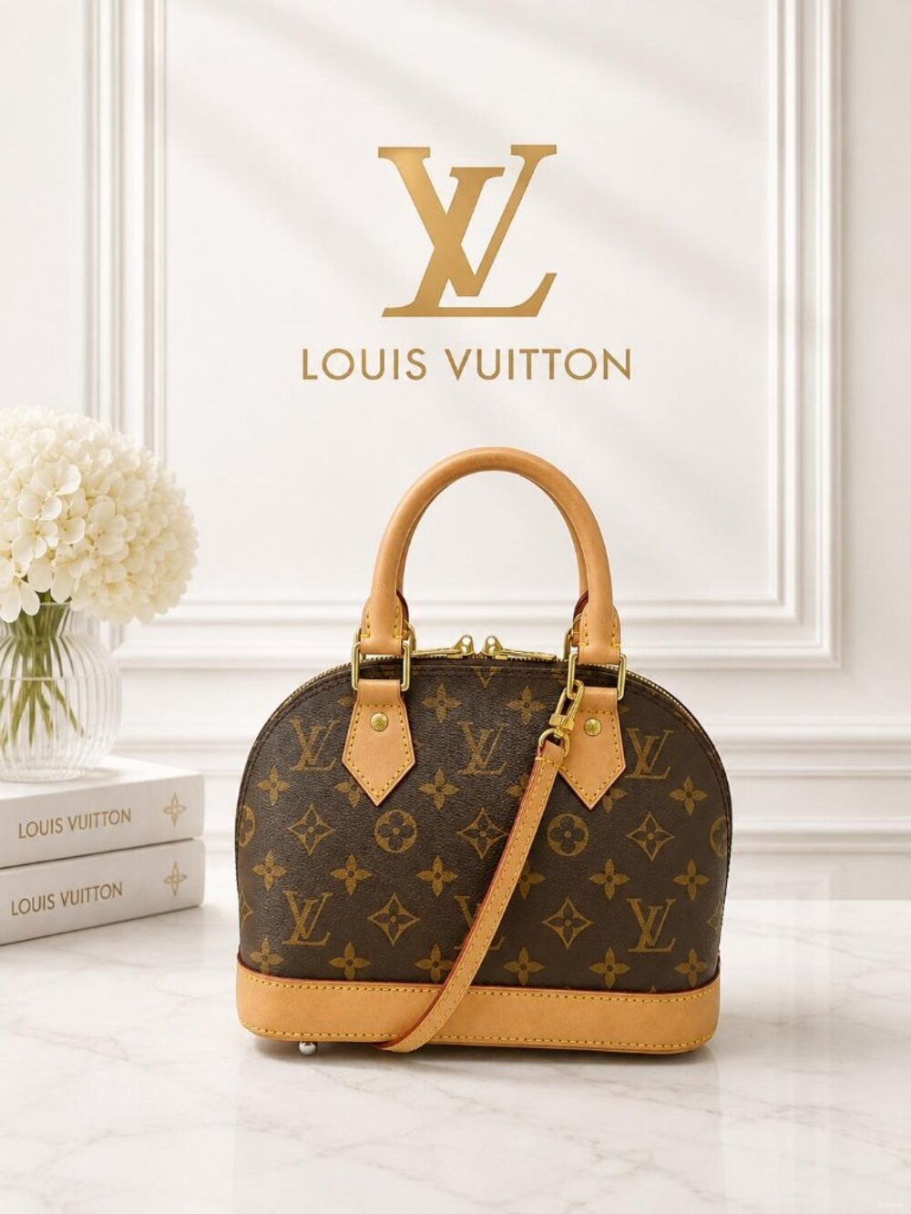 Authentic Louis Vuitton Alma BB Monogram Canvas Crossbody Bag Brown Vachetta